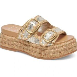 Dolce Vita Wanika Sandals Gold Platinum Crackled Leather Two Buckle Wedge Sandal